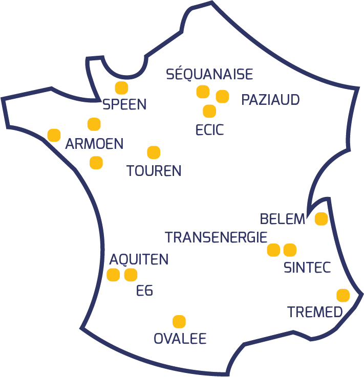 Image de la carte de France avec des points jaunes matérialisant les 15 entités du groupe NEPSEN réparties sur le territoire national